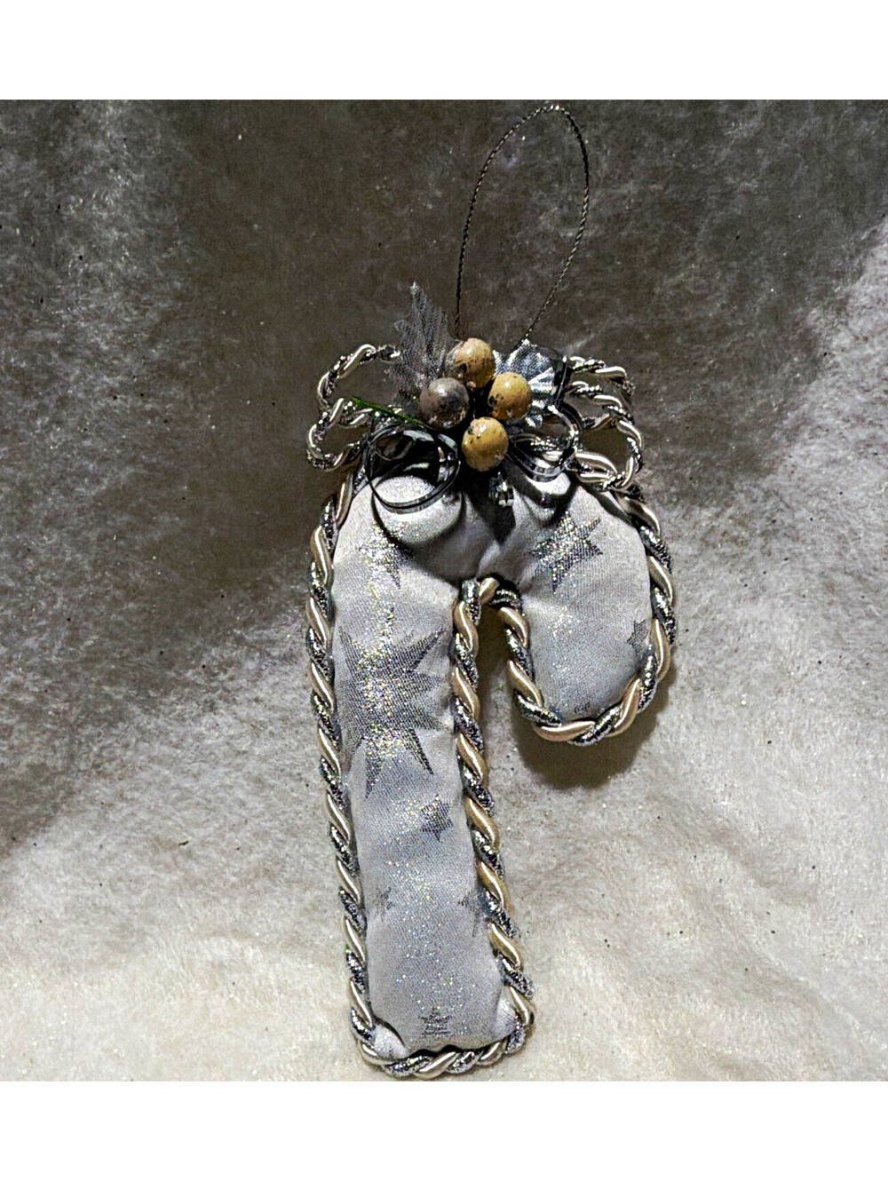 Silver Christmas Fabric Candy Cane Hanging Ornament w/ Star Pattern, 1 Item